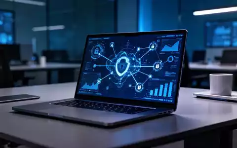 Ein moderner Arbeitsplatz mit einem Laptop, der abstrakte Datenvisualisierungen und Sicherheitsstrukturen anzeigt. - Foto: über boerse-global.de
