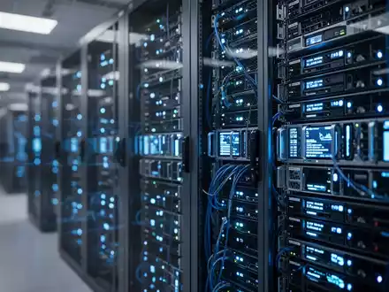 Moderne Serverracks in einem Rechenzentrum für KI-Infrastruktur mit blauer Beleuchtung. - Foto: über boerse-global.de
