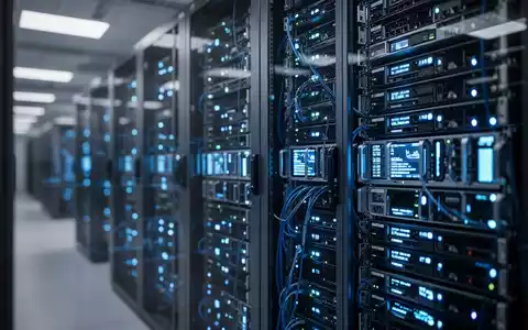 Moderne Serverracks in einem Rechenzentrum für KI-Infrastruktur mit blauer Beleuchtung. - Foto: über boerse-global.de