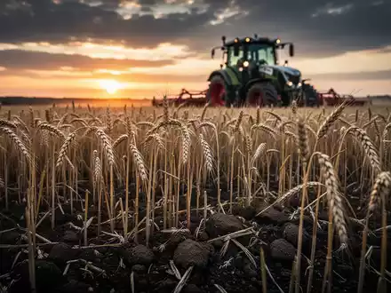 Ein weites Getreidefeld während der Ernte bei dramatischem Sonnenlicht, das die wirtschaftliche Lage der Landwirtschaft symbolisiert. - Foto: über boerse-global.de