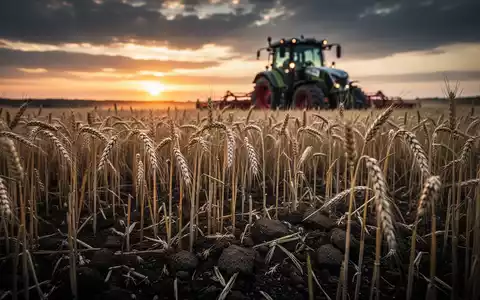 Ein weites Getreidefeld während der Ernte bei dramatischem Sonnenlicht, das die wirtschaftliche Lage der Landwirtschaft symbolisiert. - Foto: über boerse-global.de