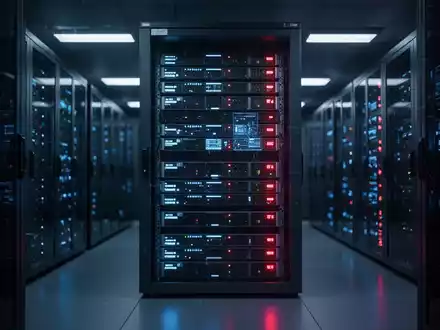 Leuchtende Server-Racks in einem abgedunkelten Rechenzentrum, die Cybersicherheit und digitale Infrastruktursicherheit symbolisieren. - Foto: über boerse-global.de