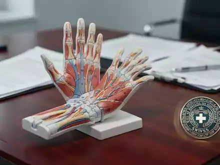 Anatomisches Handmodell auf einem Schreibtisch vor juristischen Dokumenten in einer medizinischen Praxis. - Foto: über boerse-global.de