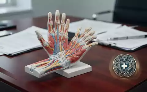 Anatomisches Handmodell auf einem Schreibtisch vor juristischen Dokumenten in einer medizinischen Praxis. - Foto: über boerse-global.de