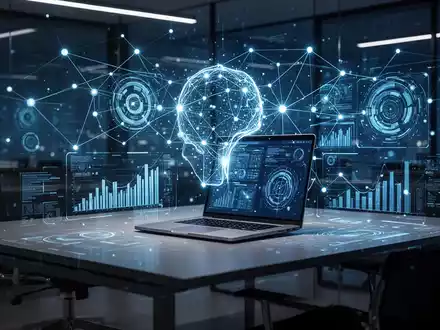 Ein moderner Büroarbeitsplatz mit digitaler Datenvisualisierung, die den Einsatz von Künstlicher Intelligenz symbolisiert. - Foto: über boerse-global.de