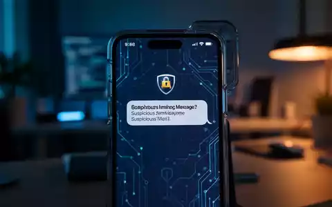 Ein Smartphone-Bildschirm zeigt eine verdächtige Nachrichtenbenachrichtigung in einer gedimmten Büroumgebung. - Foto: über boerse-global.de