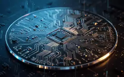 Detailaufnahme eines glĂŒhenden Silizium-Wafers mit komplexen Mikrochip-Schaltkreisen in blauem und goldenem Licht. - Foto: ĂŒber boerse-global.de