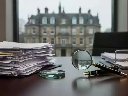 Ein Schreibtisch mit juristischen Dokumenten, einer Lupe und einem Füllfederhalter vor einem unscharfen Gebäude. - Foto: über boerse-global.de
