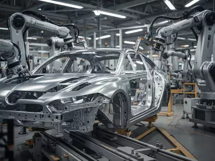 Moderne Montagelinie in einer deutschen Automobilfabrik mit Robotern und Metallteilen vor unscharfem Hintergrund. - Foto: über boerse-global.de