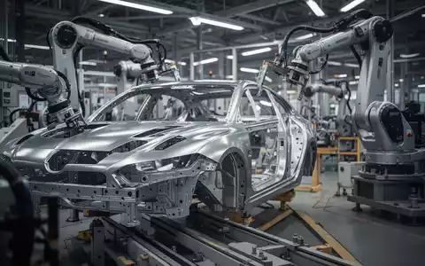 Moderne Montagelinie in einer deutschen Automobilfabrik mit Robotern und Metallteilen vor unscharfem Hintergrund. - Foto: über boerse-global.de