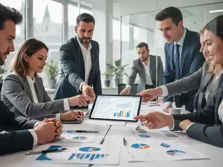 Ein diverses Team arbeitet in einem modernen Büro an einer Geschäftsstrategie, während auf einem Tablet Datenanalysen zu sehen sind. - Foto: über boerse-global.de