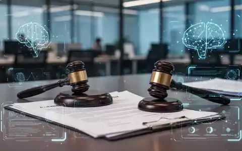 Ein Richterhammer und Dokumente auf einem Schreibtisch vor einem digitalen Hintergrund, der KI-Technologie symbolisiert. - Foto: über boerse-global.de