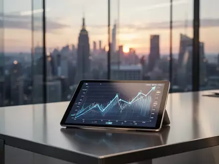 Ein modernes Bürogebäude vor einer Finanzdistrikt-Kulisse mit einem Tablet, das komplexe Wirtschaftstrends anzeigt. - Foto: über boerse-global.de