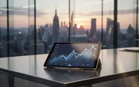 Ein modernes Bürogebäude vor einer Finanzdistrikt-Kulisse mit einem Tablet, das komplexe Wirtschaftstrends anzeigt. - Foto: über boerse-global.de
