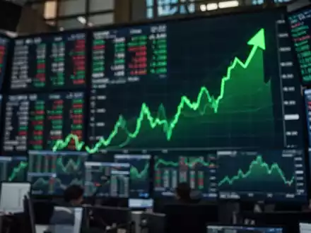 Digitale Anzeigetafel mit steigenden Aktienkursen und Finanzgrafiken in einer modernen Börsenumgebung. - Foto: über boerse-global.de
