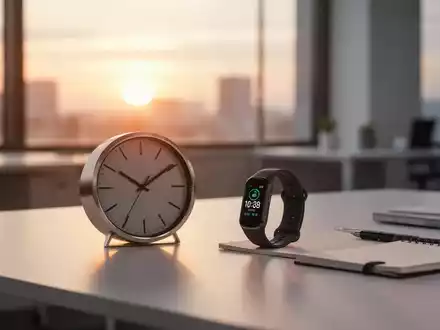 Schreibtisch mit einer analogen Uhr und einem Fitnesstracker im morgendlichen Sonnenlicht als Symbol für Chronobiologie. - Foto: über boerse-global.de