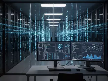 Ein dunkler Serverraum mit digitalen Code-Strömen und komplexen Sicherheitsgrafiken auf einem Bildschirm. - Foto: über boerse-global.de