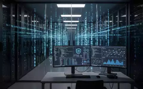 Ein dunkler Serverraum mit digitalen Code-Strömen und komplexen Sicherheitsgrafiken auf einem Bildschirm. - Foto: über boerse-global.de