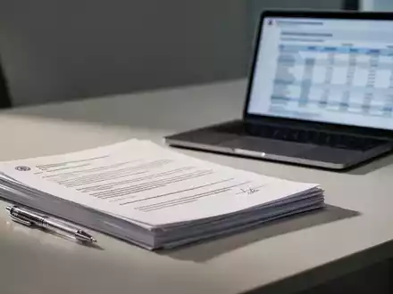 Ein Schreibtisch in einem Behördenbüro mit juristischen Dokumenten und einem Laptop, das eine Finanzbilanz anzeigt. - Foto: über boerse-global.de