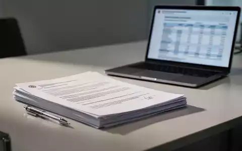 Ein Schreibtisch in einem Behördenbüro mit juristischen Dokumenten und einem Laptop, das eine Finanzbilanz anzeigt. - Foto: über boerse-global.de