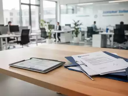 Ein moderner, heller Schreibtisch in einem Jobcenter mit einem Tablet und einer Dokumentenmappe. - Foto: über boerse-global.de