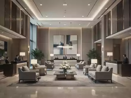 Leere, modern gestaltete Hotellobby als Symbol für die Restrukturierung und den Stellenabbau in der Hotelbranche. - Foto: über boerse-global.de