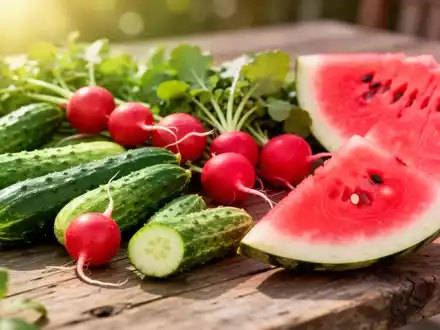 Frische Wassermelone, Gurken und Radieschen auf einem Holztisch als Symbol für eine hydrierende Sommerernährung. - Foto: über boerse-global.de