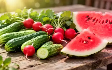 Frische Wassermelone, Gurken und Radieschen auf einem Holztisch als Symbol für eine hydrierende Sommerernährung. - Foto: über boerse-global.de