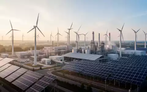 Moderne Industrieanlage mit Windkraftanlagen und Solarpaneelen zur Symbolisierung der europäischen Energiewende. - Foto: über boerse-global.de