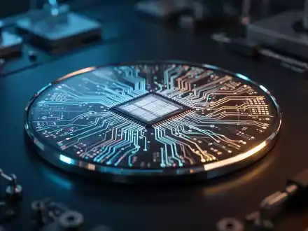 Nahaufnahme eines futuristischen Halbleiterwafers mit leuchtender Mikroschaltung für fortschrittliche KI-Speichertechnologie. - Foto: über boerse-global.de