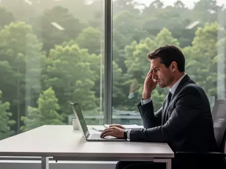 Eine Person am Schreibtisch blickt nachdenklich aus einem Fenster in eine grüne Naturumgebung zur Stressbewältigung. - Foto: über boerse-global.de