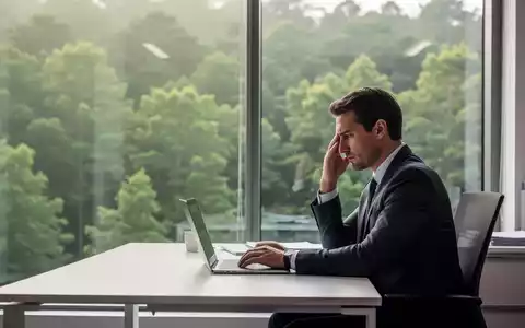 Eine Person am Schreibtisch blickt nachdenklich aus einem Fenster in eine grüne Naturumgebung zur Stressbewältigung. - Foto: über boerse-global.de