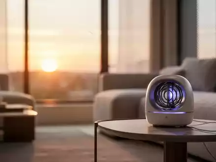 Modernes Wohnzimmer bei Sonnenuntergang mit einem Mückenschutzgerät auf einem Tisch vor einem Fenster mit Fliegengitter. - Foto: über boerse-global.de