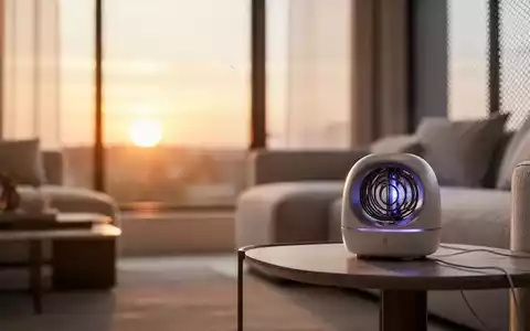 Modernes Wohnzimmer bei Sonnenuntergang mit einem Mückenschutzgerät auf einem Tisch vor einem Fenster mit Fliegengitter. - Foto: über boerse-global.de