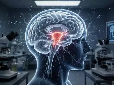 Stilisierte Darstellung eines menschlichen Gehirns mit hervorgehobenem Hypothalamus in einer wissenschaftlichen Laborumgebung - Foto: über boerse-global.de