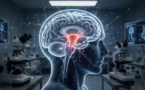Stilisierte Darstellung eines menschlichen Gehirns mit hervorgehobenem Hypothalamus in einer wissenschaftlichen Laborumgebung - Foto: über boerse-global.de