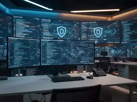 Modernes Cyber-Sicherheitszentrum mit digitalen Datenströmen auf Bildschirmen in einem professionellen Büro. - Foto: über boerse-global.de