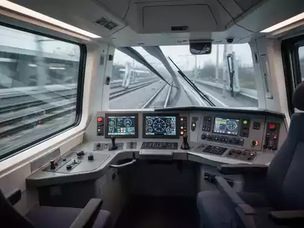 Moderne digitale Steuerungstechnik in einer Zugführerkabine mit Blick auf eine Schienenstrecke. - Foto: über boerse-global.de