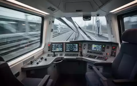 Moderne digitale Steuerungstechnik in einer Zugführerkabine mit Blick auf eine Schienenstrecke. - Foto: über boerse-global.de