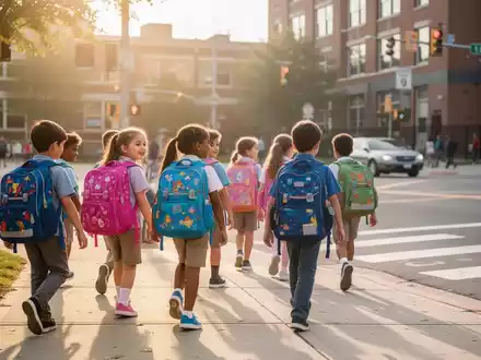 Grundschulkinder mit Schulranzen gehen morgens auf dem Gehweg zur Schule. - Foto: über boerse-global.de