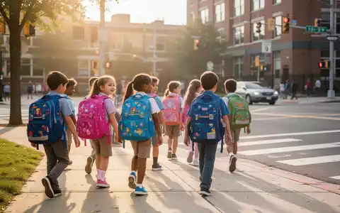 Grundschulkinder mit Schulranzen gehen morgens auf dem Gehweg zur Schule. - Foto: über boerse-global.de