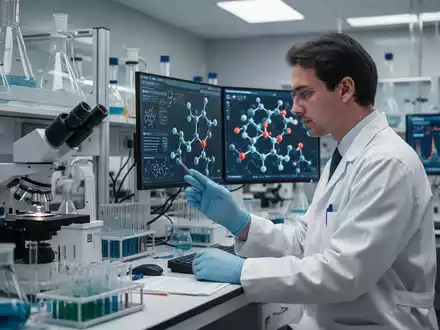 Ein Wissenschaftler in einem modernen Labor untersucht molekulare Strukturen an einem Bildschirm. - Foto: über boerse-global.de
