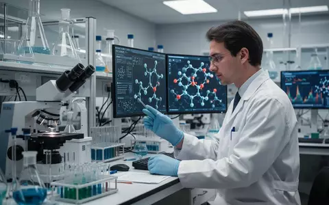 Ein Wissenschaftler in einem modernen Labor untersucht molekulare Strukturen an einem Bildschirm. - Foto: über boerse-global.de