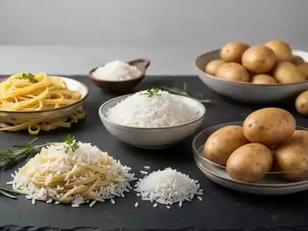 Nahaufnahme von verschiedenen Kohlenhydratbeilagen wie Nudeln, Reis und Kartoffeln auf einer dunklen Schieferplatte. - Foto: über boerse-global.de