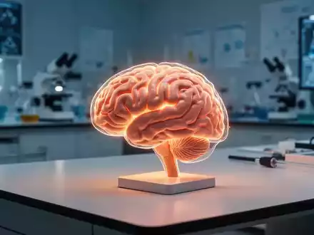 Ein stilisiertes, leuchtendes Gehirnmodell auf einem modernen Labortisch als Symbol für neurologische Forschung. - Foto: über boerse-global.de