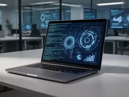 Ein moderner AI-Laptop auf einem Schreibtisch mit digitaler Datenvisualisierung auf dem Bildschirm. - Foto: über boerse-global.de