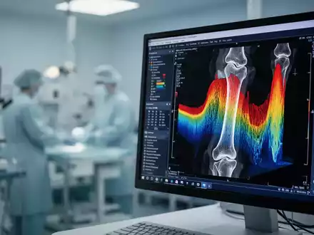 Digitale 3D-Darstellung einer Knochendichtemessung auf einem Monitor in einer medizinischen Forschungsumgebung. - Foto: über boerse-global.de