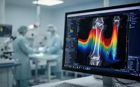 Digitale 3D-Darstellung einer Knochendichtemessung auf einem Monitor in einer medizinischen Forschungsumgebung. - Foto: über boerse-global.de