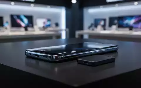 Ein hochwertiges Smartphone auf einer dunklen Oberfläche vor einem verschwommenen Hintergrund in einer Verkaufsumgebung. - Foto: über boerse-global.de