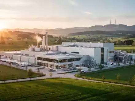 Moderne Industriefabrik in einer bayerischen Landschaft bei Sonnenuntergang. - Foto: über boerse-global.de